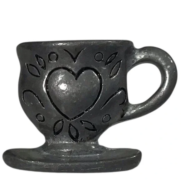 Coffee Teacup Brooch Pin Lapel Tac Pewter Tone Heart Fashion Costume Jewelry - Picture 6 of 6